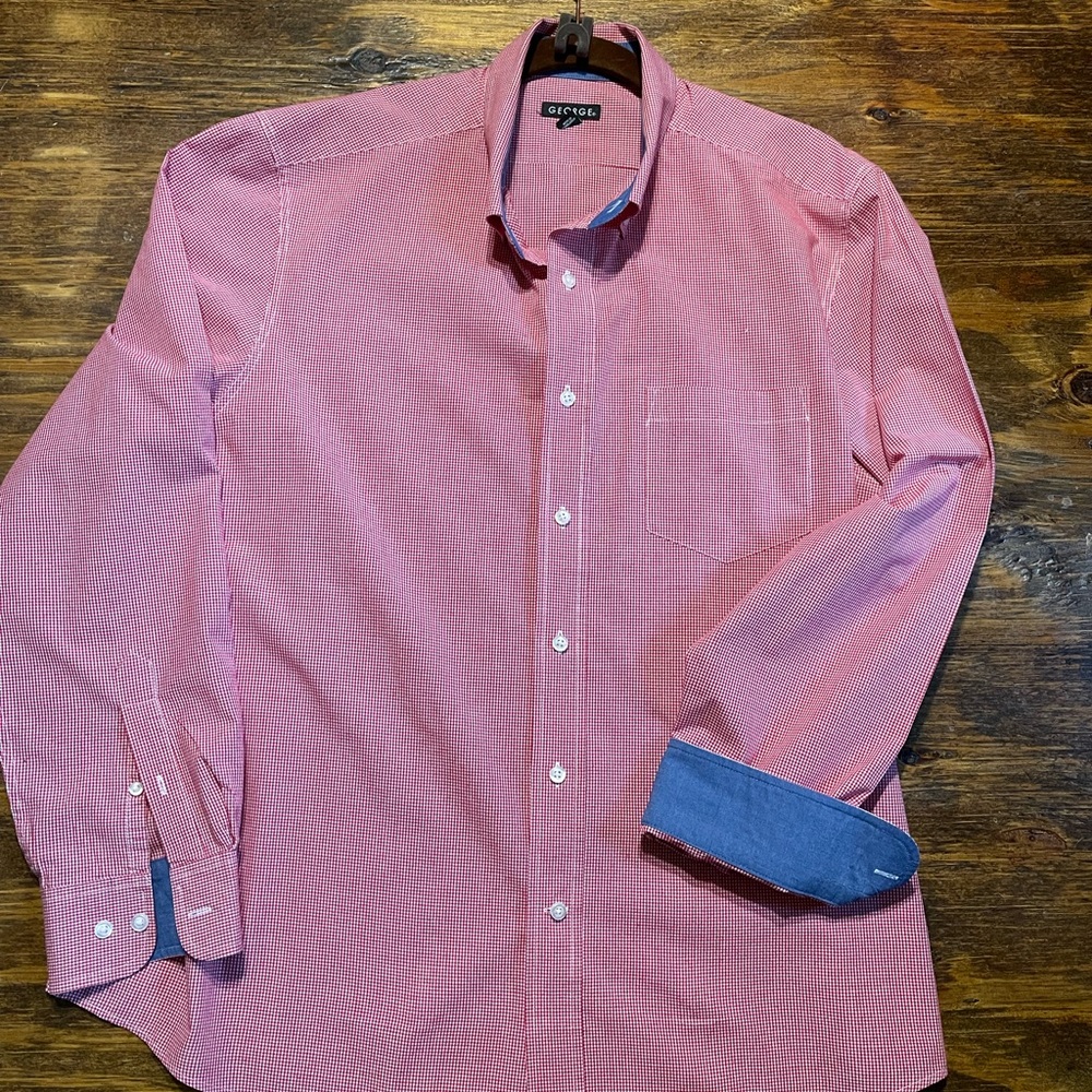 George Mens Dress Shirt Red/White Check W/ Contrast Flip Cuff Detail. Size XL